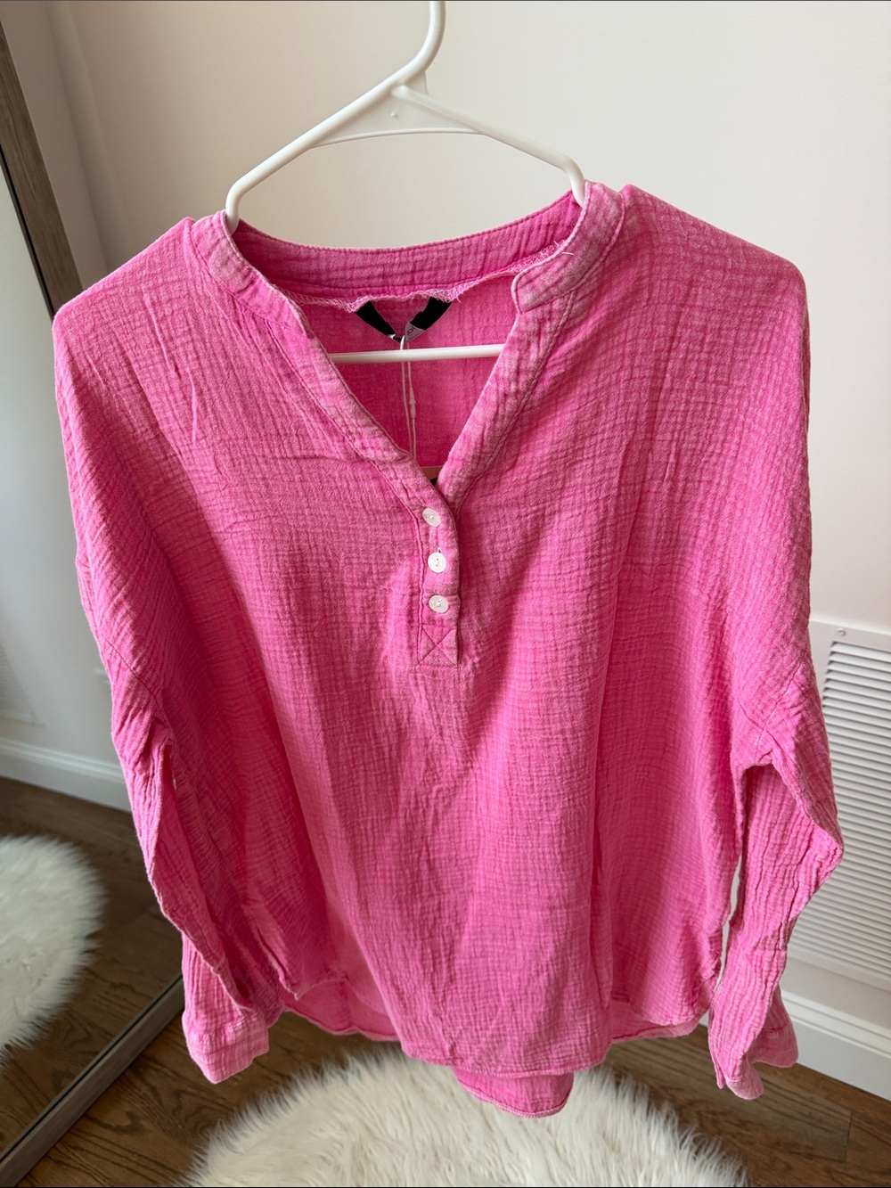 Relaxed Pink Gauze Henley Tunic Top